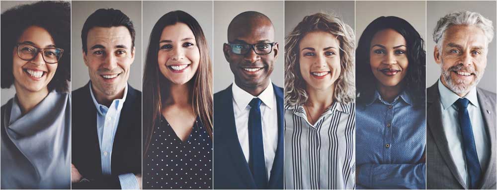 Collage of several portrait photos of workers of any given organization